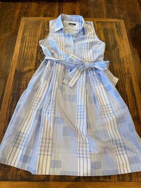 Tommy Hilfiger Blue and White Striped Tie-Waist Midi Dress